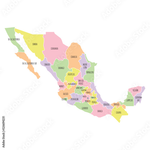 Mexico political map with region names. Low detailed. Solid simple style. Pastel colours. Vector editable
