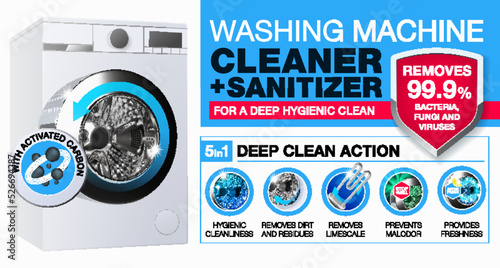 Washing machine cleaner and sanitizer for deep hygienic cleaning of the washing machine. Realistic icons set. Washing machine care and maintenance. Vector illustration
