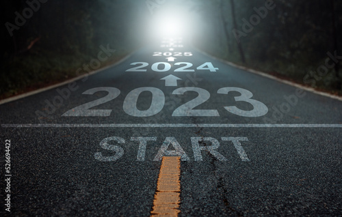 Direction to new year concept and sustainable development idea. Number of 2023 to 2028 on asphalt road surface with marking lines 