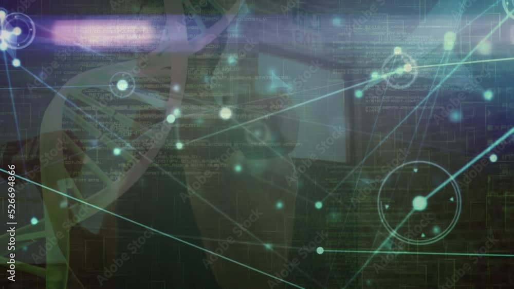 Composite video of dna structure and networking with man exercising in background Composite video of dna structure and networking with man exercising in background