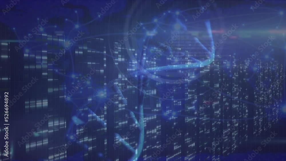 Animation of dna rotating with clone text on digital interface over computers server Animation of dna rotating with clone text on digital interface over computers server