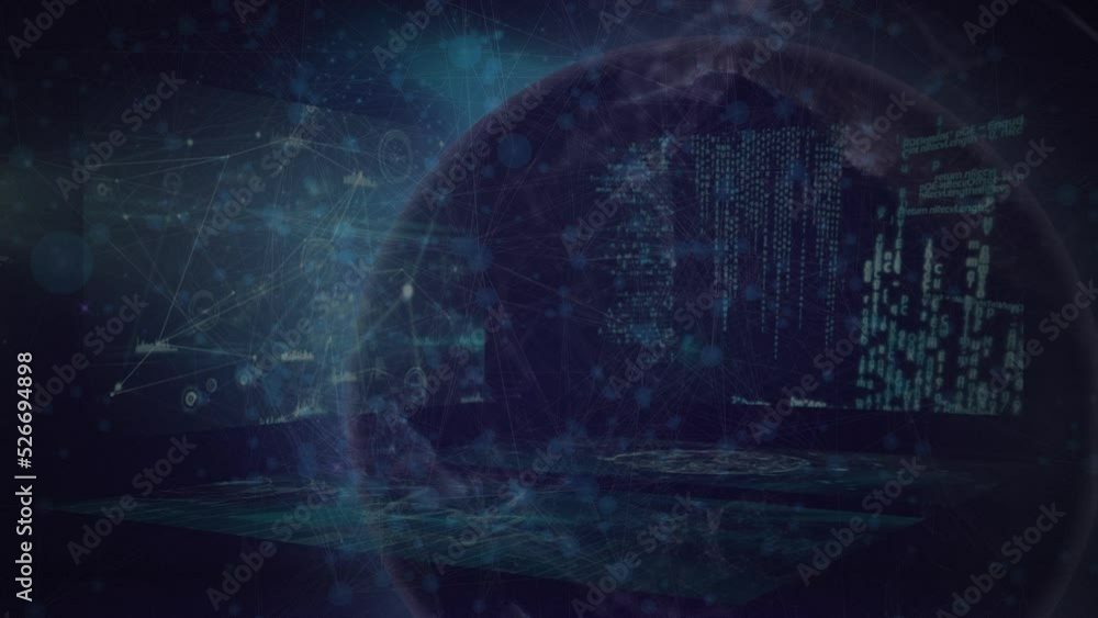 Animation of data moving with connecting dots over globe rotating on digital interface