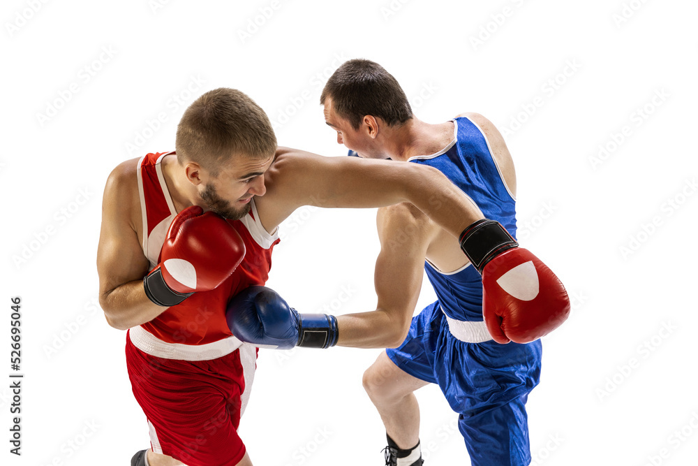 Sportive men, two professional boxer in sports uniform practicing punch isolated on white background. Concept of sport, competition, training, energy