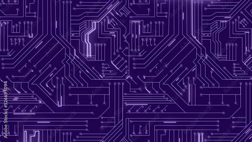 Animation of light trails over microprocessor connections against purple background Animation of light trails over microprocessor connections against purple background