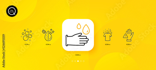 Clean bubbles, Dry t-shirt and Dirty water minimal line icons. Yellow abstract background. Rubber gloves, Dont touch icons. For web, application, printing. Vector