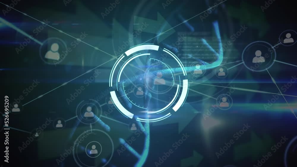 Animation of round scanner and network of profile icons over dna structure on blue background Animation of round scanner and network of profile icons over dna structure on blue background