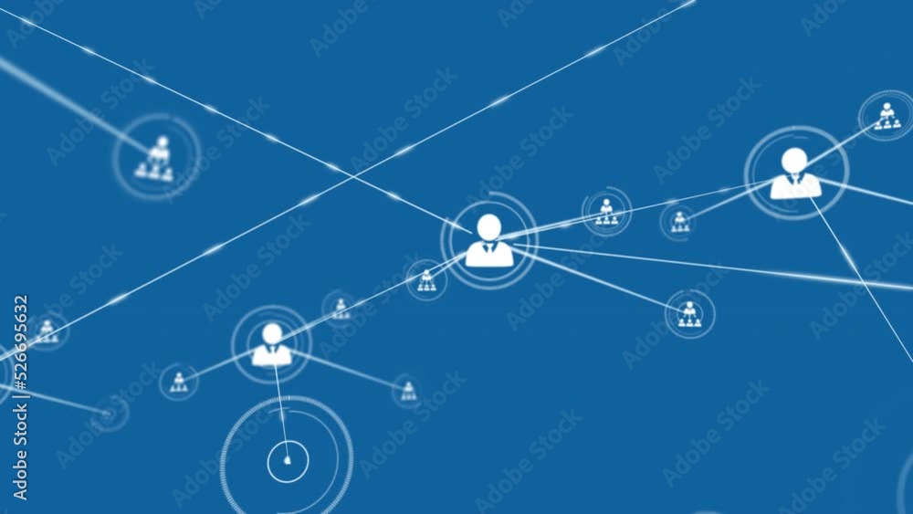 Animation of network of profile icons over purple light trails against blue background Animation of network of profile icons over purple light trails against blue background