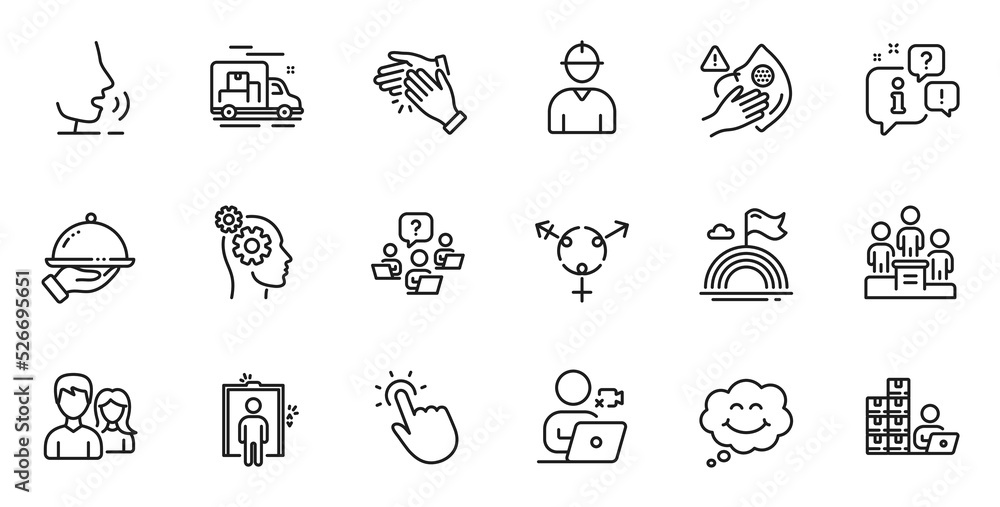 Outline set of Teamwork question, Business podium and Teamwork line icons for web application. Talk, information, delivery truck outline icon. Vector