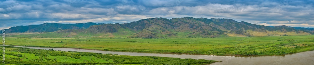 View of the Selenga River from Mount Omulevaya near the city of Ulan-Ude, Republic of Buryatia, Russia.