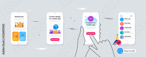 Outline set of Timer, Ab testing and Delivery time line icons for web application. Phone ui interface. Include Demand curve, Wrong file, Security contract icons. Vector