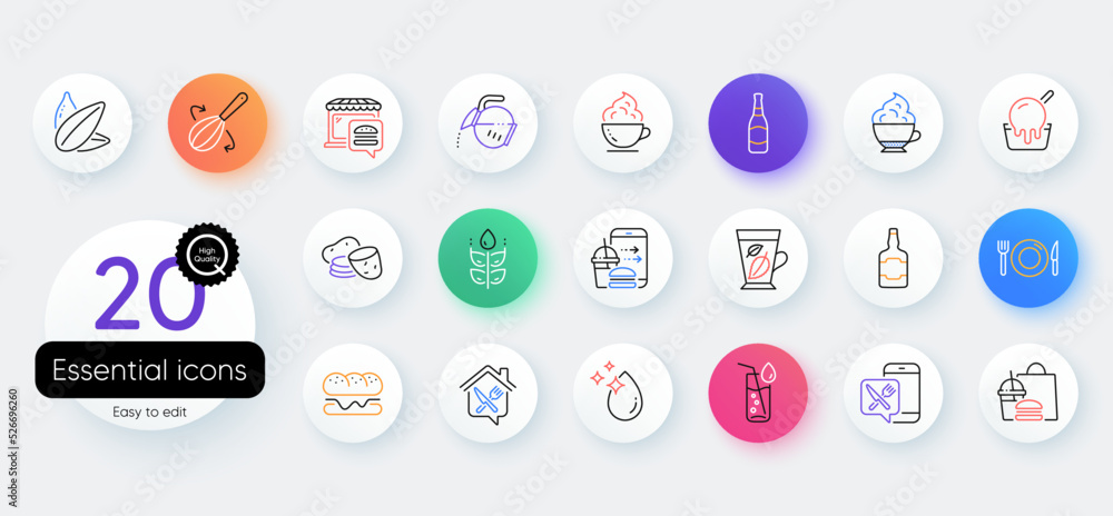Simple set of Fast food, Food delivery and Coffee cup line icons. Include Water drop, Mint leaves, Potato icons. Gluten free, Burger, Ice cream web elements. Water glass, Coffee pot. Vector