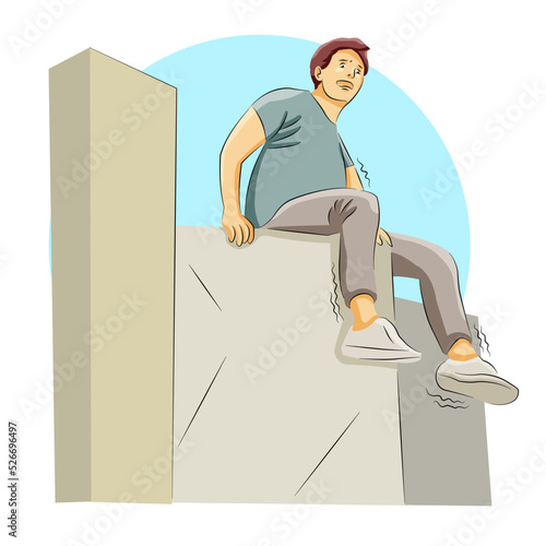 Young man scared of high place phobia screaming help