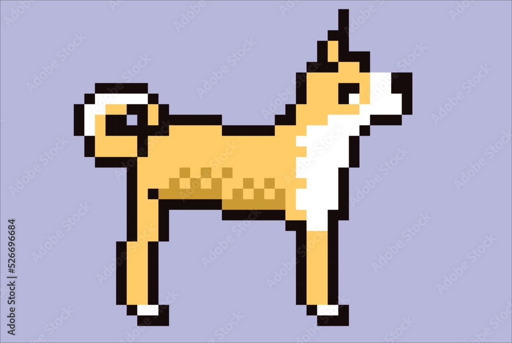 Obraz premium 8 bit adult dog pixel art vector illustration. Side view. Standing cartoon Shiba Inu , black contour. Isolated background