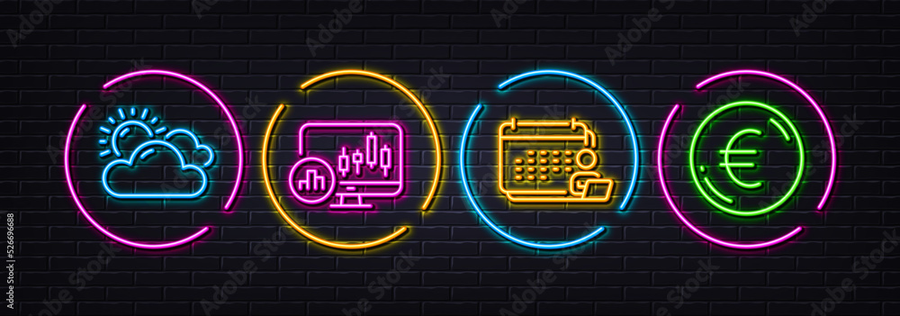 Candlestick chart, Accounting and Sunny weather minimal line icons. Neon laser 3d lights. Euro money icons. For web, application, printing. Report analysis, Schedule report, Summer. Currency. Vector