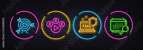 Fake internet, Video conference and Target minimal line icons. Neon laser 3d lights. Calendar icons. For web, application, printing. Wrong information, Remote business, Targeting. Vector