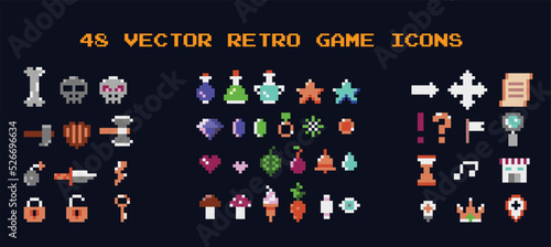 Vector 8 bit game icons set. Pixel art retro game style  elements, weapons, potions, coins, UI symbols, skulls, food. Colorful  collection, isolated background