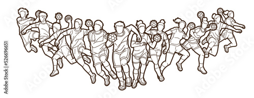 Group of Handball Players Team Male and Female Action Together Cartoon Sport Team Graphic Vector