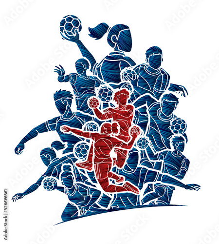 Group of Handball Players Team Male and Female Action Together Cartoon Sport Team Graphic Vector
