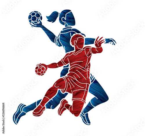 Group of Handball Players Team Male and Female Action Together Cartoon Sport Team Graphic Vector