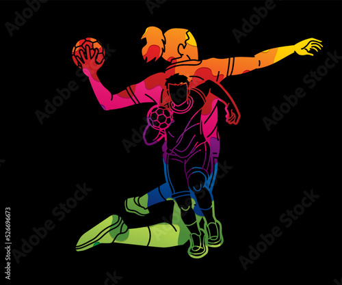 Group of Handball Players Team Male and Female Action Together Cartoon Sport Team Graphic Vector