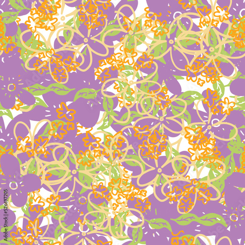 Abstract colorful doodle flower with curls seamless pattern. Messy fantasy floral background.