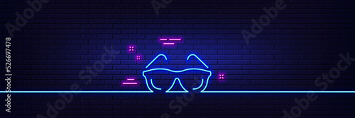 Neon light glow effect. Eyeglasses line icon. Oculist clinic sign. Optometry vision symbol. 3d line neon glow icon. Brick wall banner. Eyeglasses outline. Vector