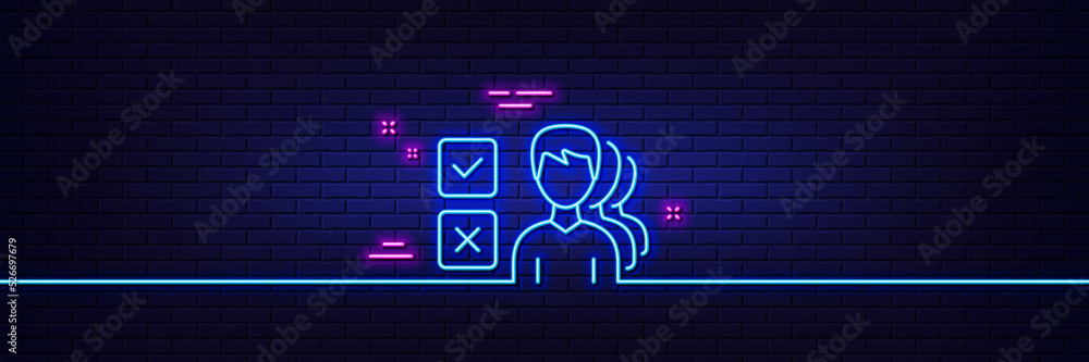 Neon light glow effect. Choice line icon. Select answer sign. Business test symbol. 3d line neon glow icon. Brick wall banner. Opinion outline. Vector Neon light glow effect. Choice line icon. Select answer sign. Business test symbol. 3d line neon glow icon. Brick wall banner. Opinion outline. Vector
