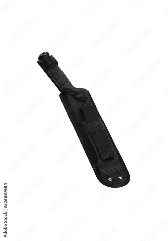 A large machete knife with a black curved blade. Modern edged weapons. Isolate on a white back. A large machete knife with a black curved blade. Modern edged weapons. Isolate on a white back.