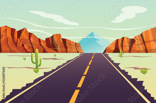 Desert landscape with road, cactuses and mountains in cartoon style. Design element for poster, card, banner, flyer. Vector illustration