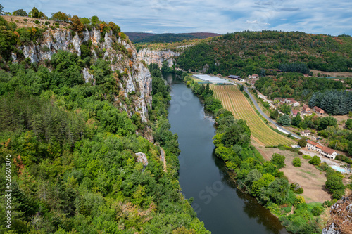 The valley of Lot river see the village of Saint Cirq Lapopie  Lot department  France  High quality photo