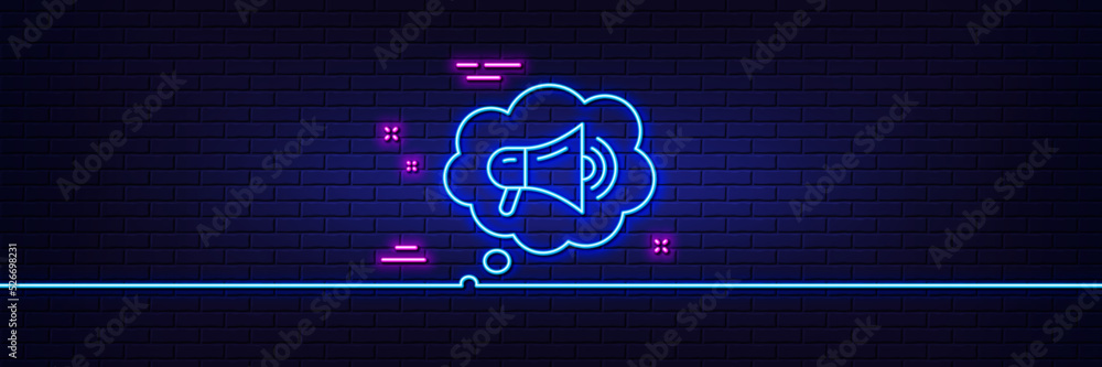 Neon light glow effect. Megaphone line icon. Advertisement device symbol. Brand ambassador speech bubble sign. 3d line neon glow icon. Brick wall banner. Megaphone outline. Vector Neon light glow effect. Megaphone line icon. Advertisement device symbol. Brand ambassador speech bubble sign. 3d line neon glow icon. Brick wall banner. Megaphone outline. Vector