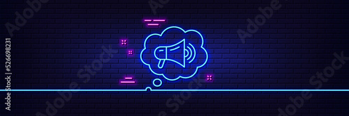Neon light glow effect. Megaphone line icon. Advertisement device symbol. Brand ambassador speech bubble sign. 3d line neon glow icon. Brick wall banner. Megaphone outline. Vector