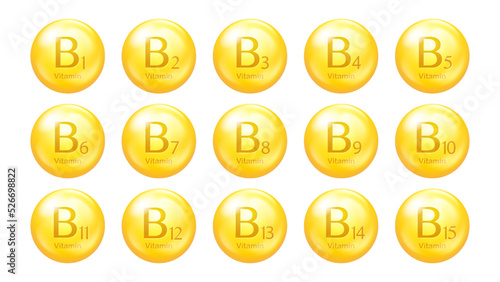 Vitamins B group vector icons. Set of round golden pills. Healthy life concept