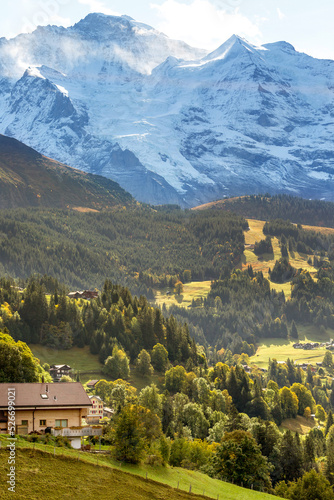 Wallpaper Mural Wengen, Switzerland town view and snow mountains Torontodigital.ca