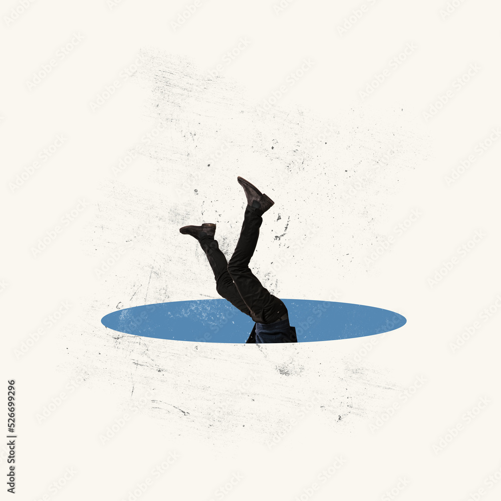 © Lustre Art Group - Contemporary art collage. Conceptual image. Man falling down into deep hole symbolizing depression © Lustre Art Group - Contemporary art collage. Conceptual image. Man falling down into deep hole symbolizing depression