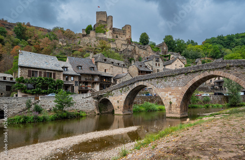 Belcastel medieval castle and town in the south of France, Aveyron Occitania, view of the antique medieval stone buildings, High quality photo
