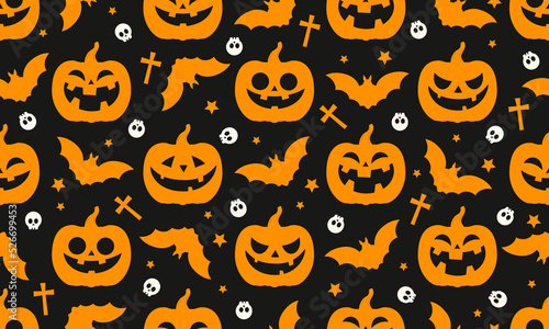 Halloween pumpkins seamless pattern vector illustration. Orange pumpkins, bats and skull on black background.