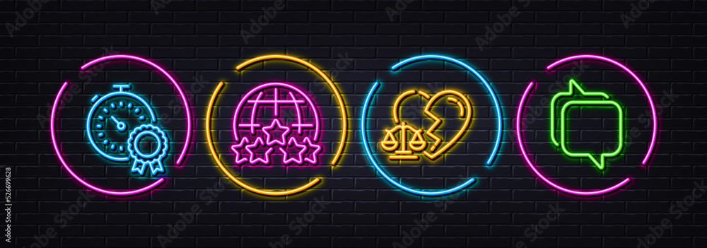 Rating stars, Divorce lawyer and Best result minimal line icons. Neon laser 3d lights. Messenger icons. For web, application, printing. Internet rank, Broken heart, Timer award. Speech bubble. Vector