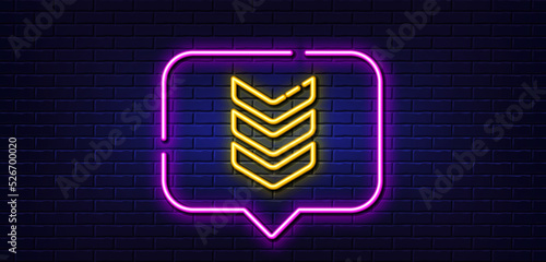 Neon light speech bubble. Shoulder strap line icon. Army reward sign. Best rank symbol. Neon light background. Shoulder strap glow line. Brick wall banner. Vector