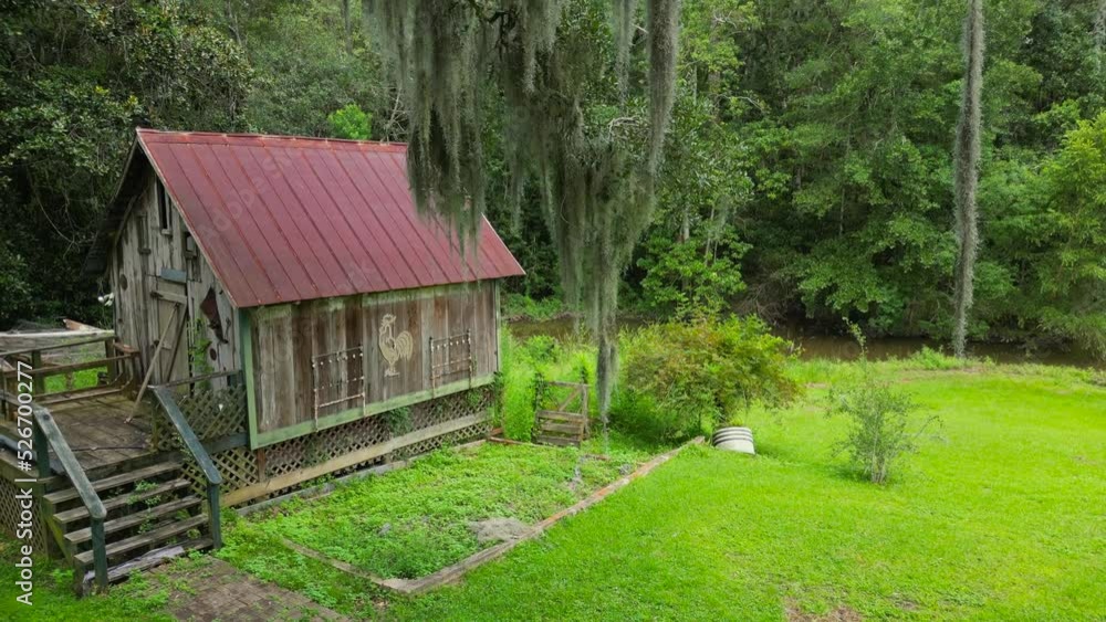 Aerial view of small barn hear an old oak tree with Spanish moss Aerial view of small barn hear an old oak tree with Spanish moss