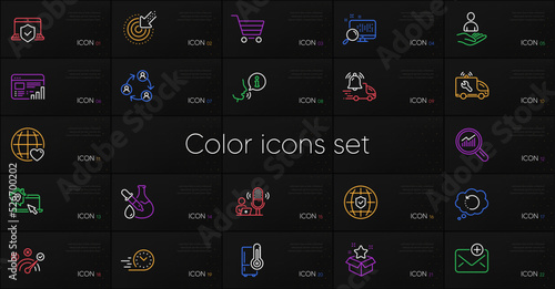 Set of Recovery data, Chemistry experiment and Delivery notification line icons. Include Global insurance, Laptop insurance, Web report icons. Car service, Fast delivery. Vector