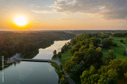 Aerial summer beautiful sunset view of Asveja lake  Dubingiai  Lithuania