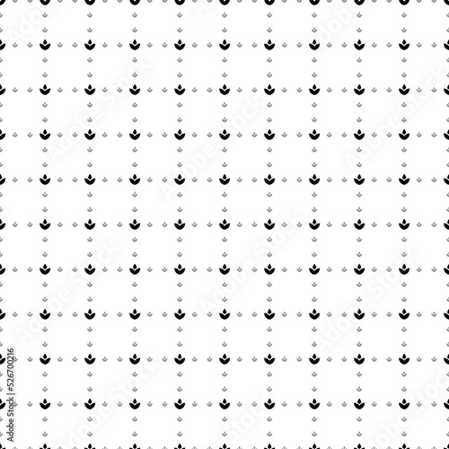 Square seamless background pattern from black water lily symbols are different sizes and opacity. The pattern is evenly filled. Vector illustration on white background