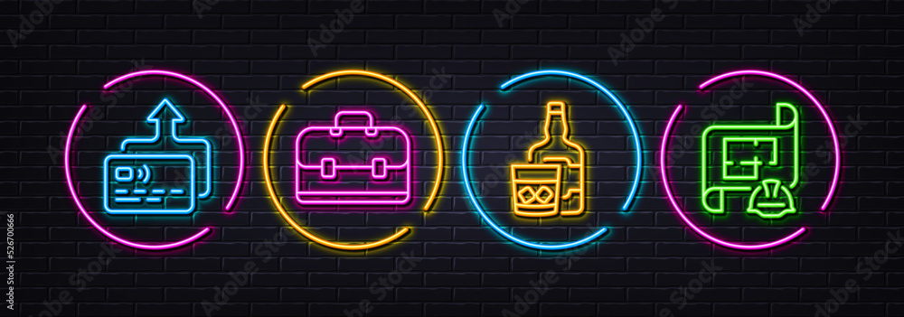 Whiskey glass, Card and Portfolio minimal line icons. Neon laser 3d lights. Engineering plan icons. For web, application, printing. Scotch drink, Send payment, Business case. Vector
