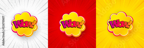 Wow comic bubble banner. Flash offer banner, coupon or poster. Discount sticker shape. Sale coupon icon. Wow bubble promo banner. Retail marketing flyer. Starburst pop art. Vector