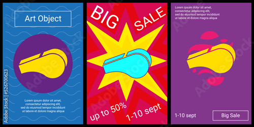 Trendy retro posters for organizing sales and other events. Large sports whistle symbol in the center of each poster. Vector illustration on black background