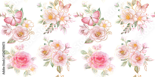 golden seamless pattern camellia  roses floral  pink  white flowers with leaves  vignette isolated on white background. Bouquet. Templates. Watercolor. Illustration. Hand drawing. Greeting card design