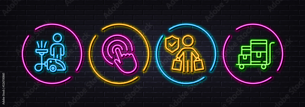 Click, Cleaning and Buyer insurance minimal line icons. Neon laser 3d lights. Inventory cart icons. For web, application, printing. Cursor pointer, Clean service, Purchase coverage. Vector