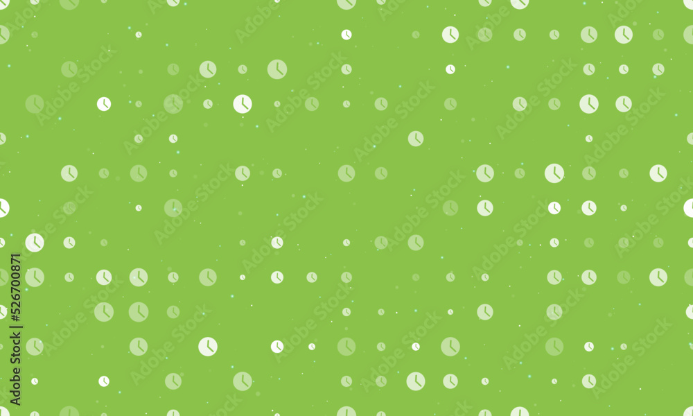Seamless background pattern of evenly spaced white time symbols of different sizes and opacity. Vector illustration on light green background with stars