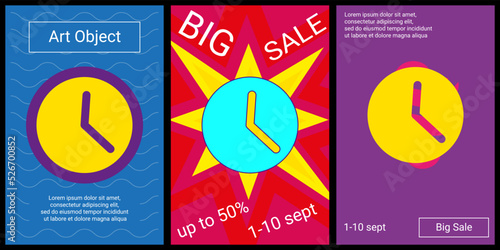 Trendy retro posters for organizing sales and other events. Large time symbol in the center of each poster. Vector illustration on black background